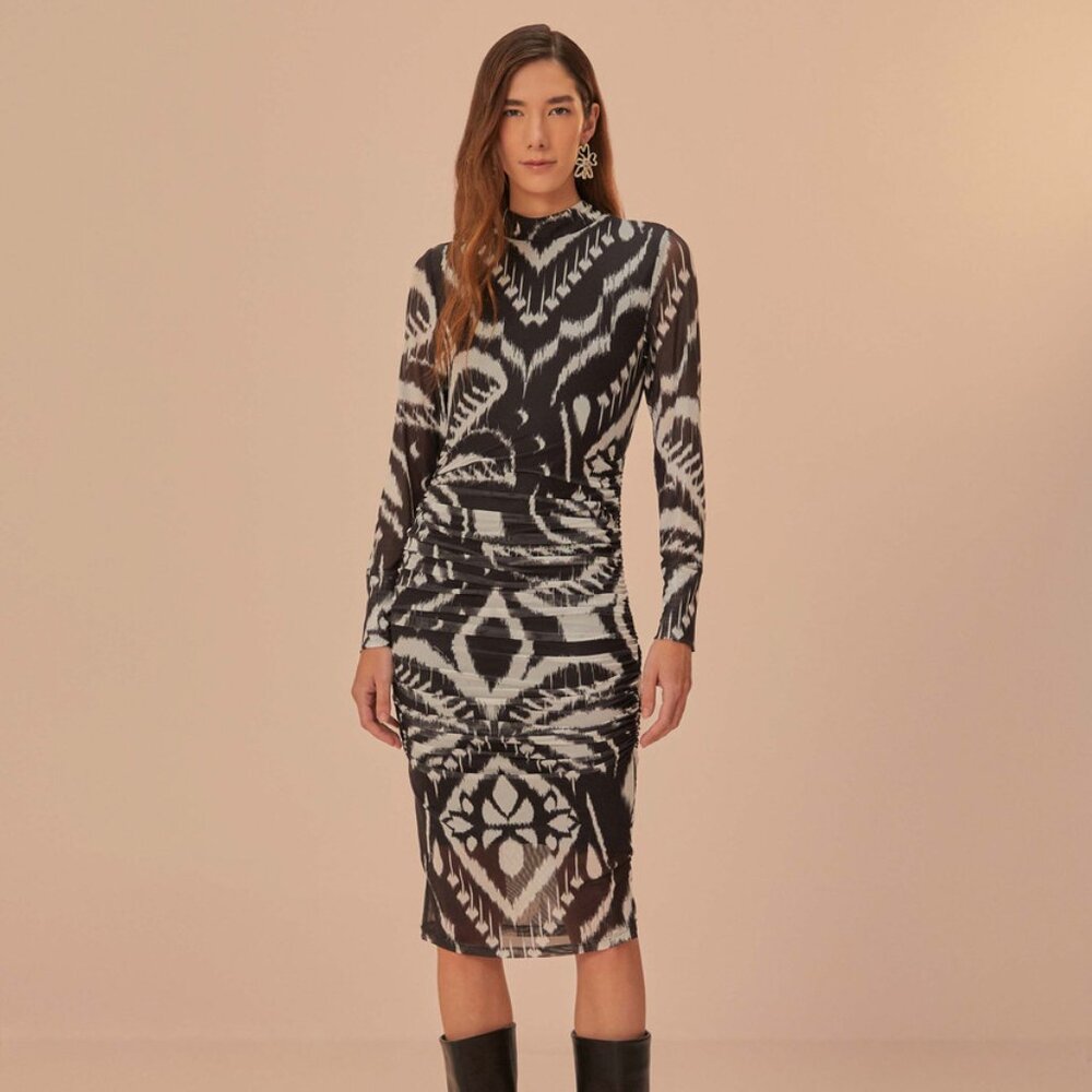 Pineapple Ikat Black Tulle Midi Dress